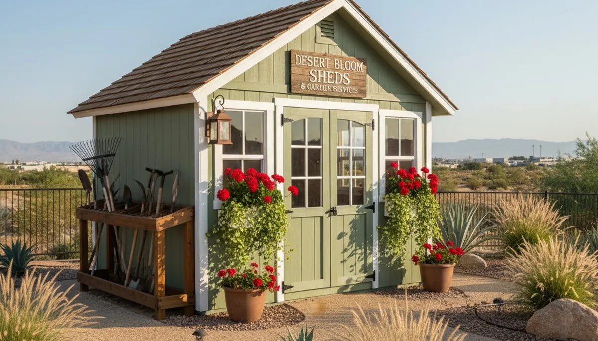 Decorative garden shed with desert landscaping in Las Vegas, NV by Chop Chop Landscaping