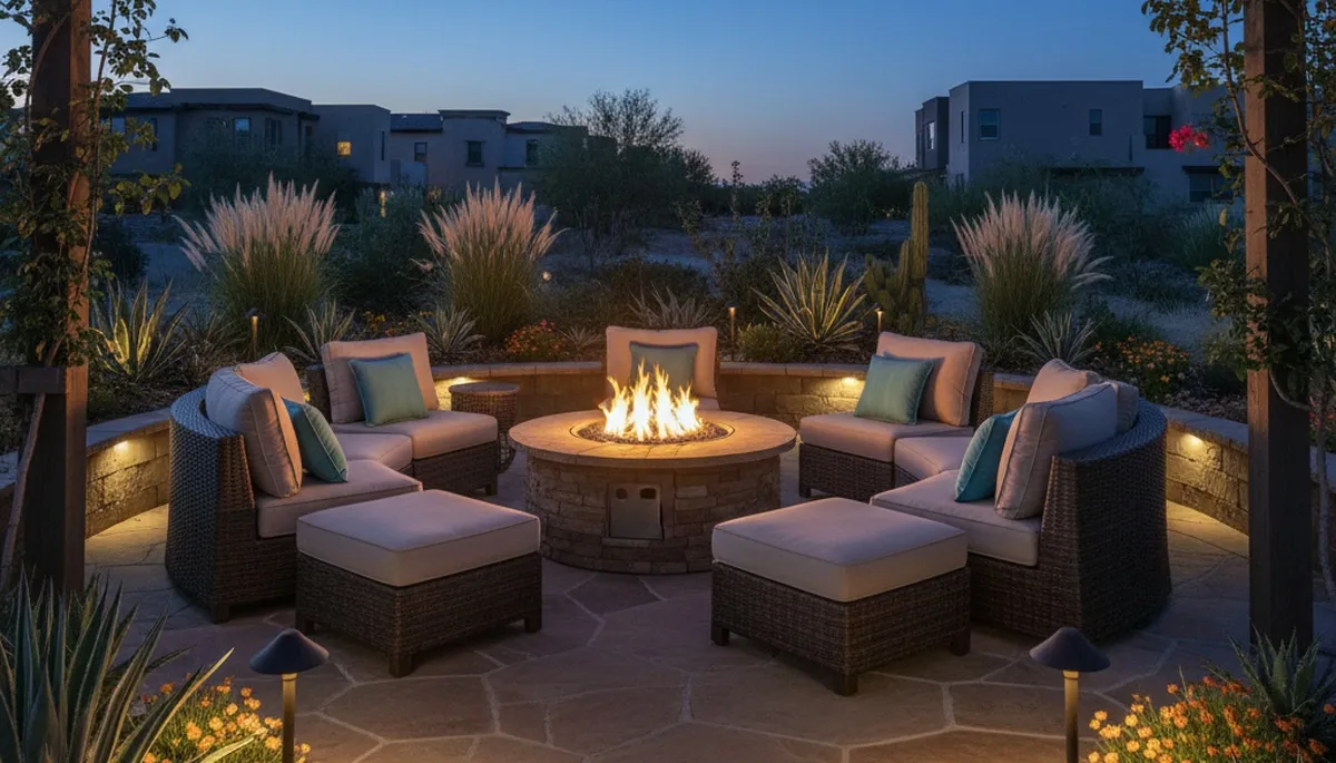 Fire pit patio with circular seating and desert landscaping design in Nipton, CA by Las Vegas landscapers