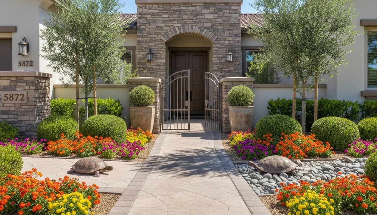 Symmetrical front yard landscaping with colorful flowers and shrubs in Las Vegas, NV by Chop Chop Landscaping