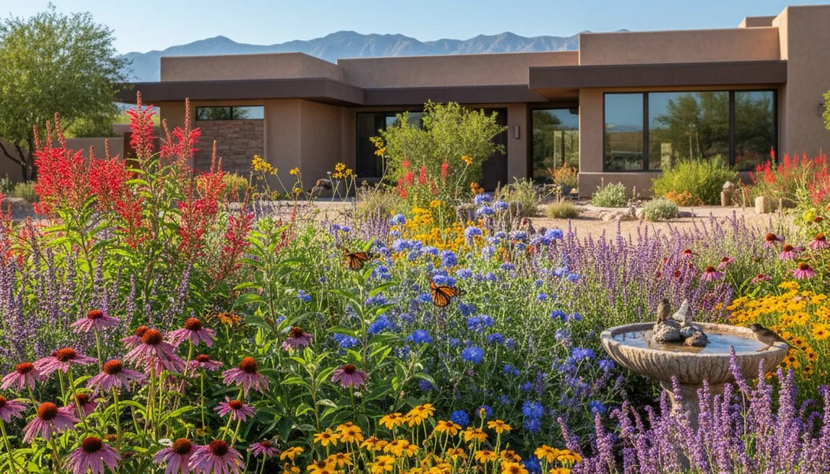 Pollinator-friendly native garden with butterflies and bee plants by organic landscapers in Las Vegas, NV